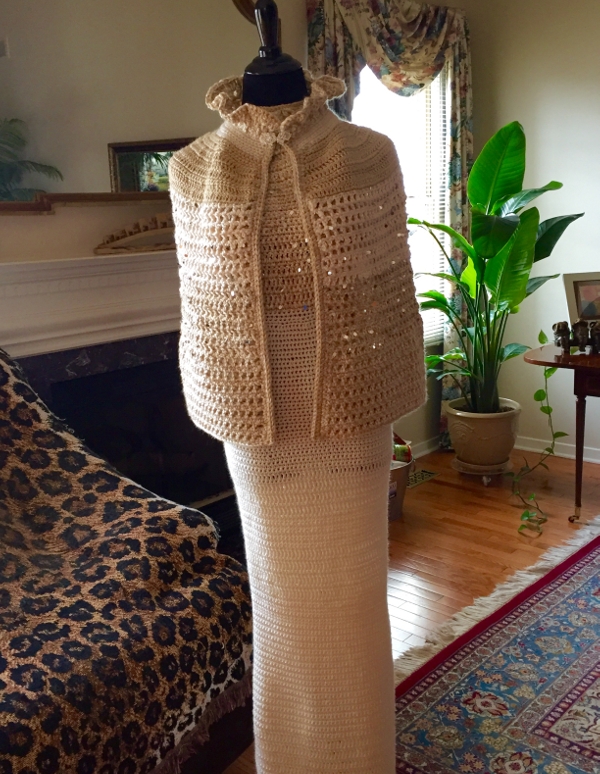Badee Couture Halter dress and cape Eveningwear with silver sequins, features a kick pleat back, called Sophia After.